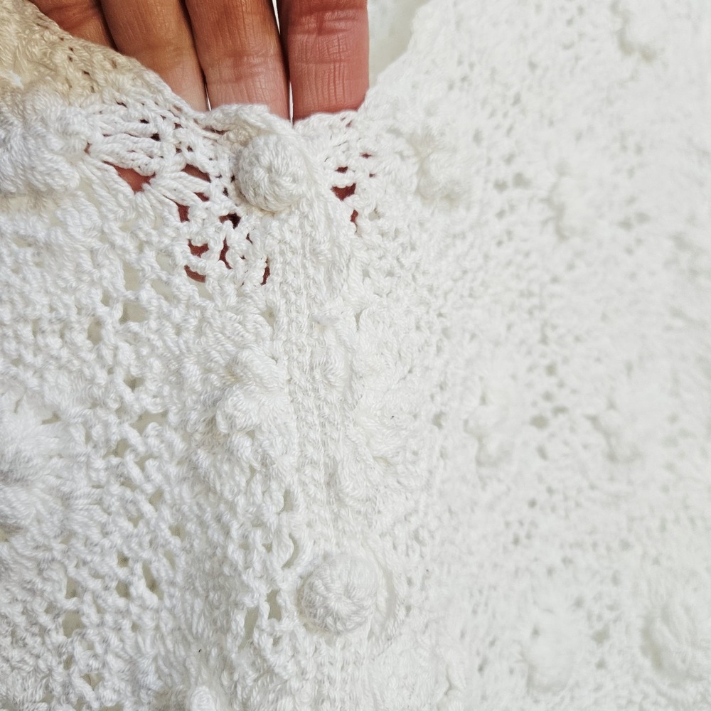 Vtg Y2K Kroshetta Crochet Cardigan Sweater Small Cream Boho Vest Button Front - Picture 4 of 7